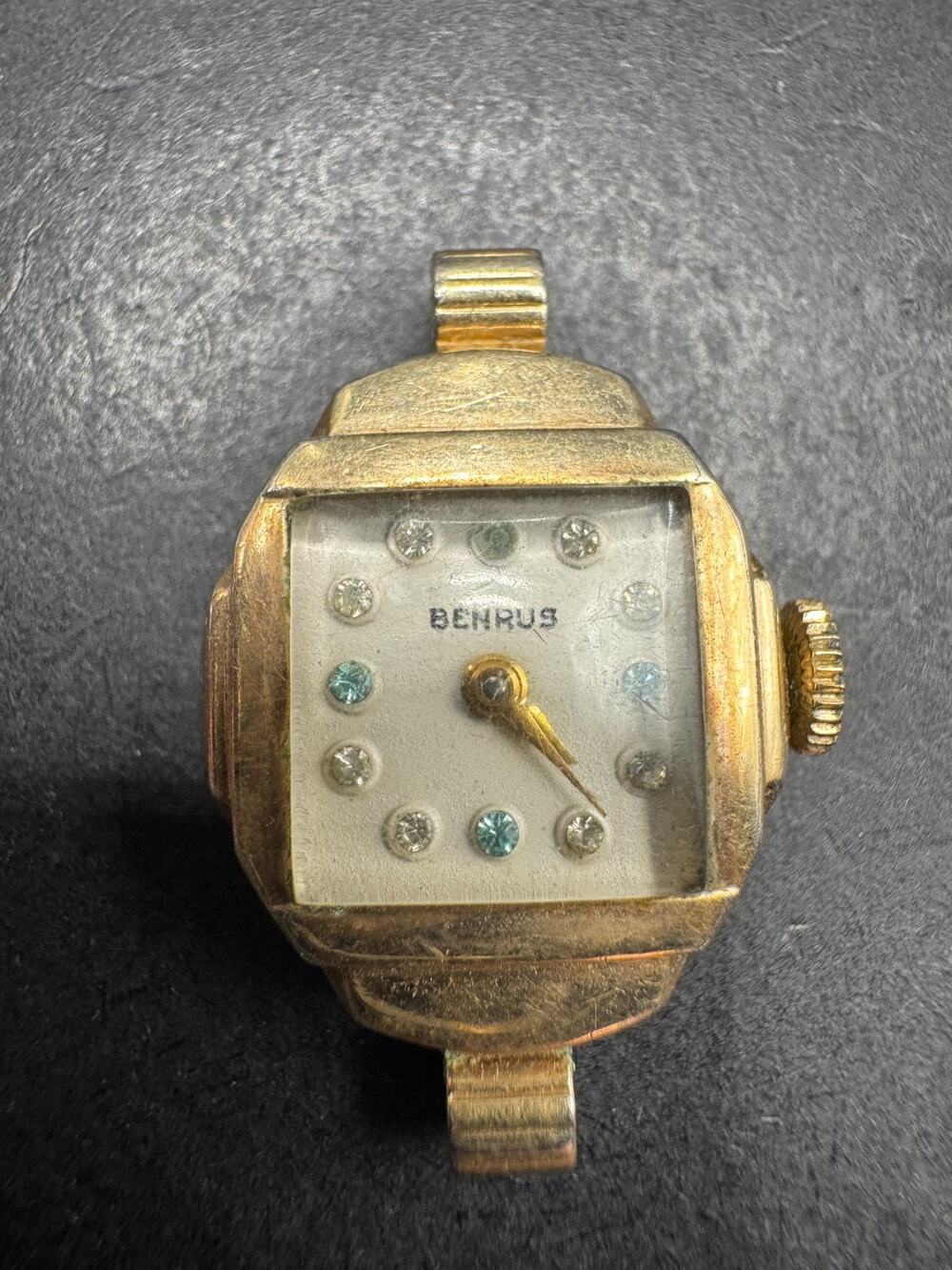 Vintage Benrus Ladies Diamond Light Blue Sapphire Watch 1940s 10K RGP Bezel